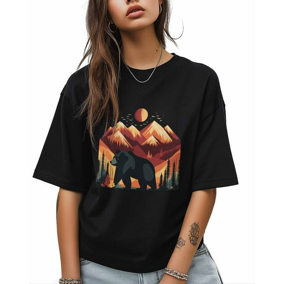 T Shirts for Women Short Sleeve Cotton Crewneck T-Shirt, Cartoon Bear Mountain Sun Nature Tee Tops Casual Basic T-Shirts, XS-5XL Black M