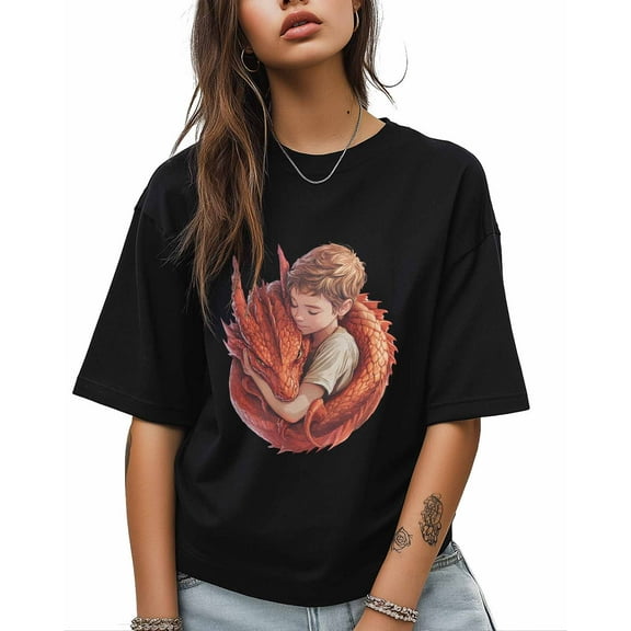 T Shirts for Women Short Sleeve Cotton Crewneck T-Shirt, Cartoon Boy Red Dragon Tee Tops Casual Basic T-Shirts, XS-5XL Black 3XL