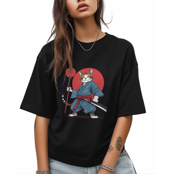 T Shirts for Women Short Sleeve Cotton Crewneck T-Shirt, Cartoon Cat Samurai Kimono Tee Tops Casual Basic T-Shirts, XS-5XL Black L