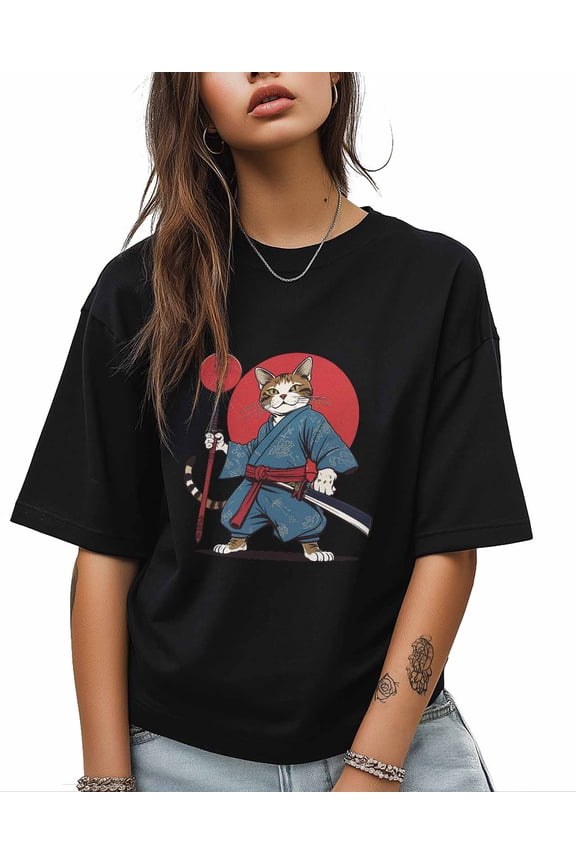 T Shirts for Women Short Sleeve Cotton Crewneck T-Shirt, Cartoon Cat Samurai Kimono Tee Tops Casual Basic T-Shirts, XS-5XL Black XL