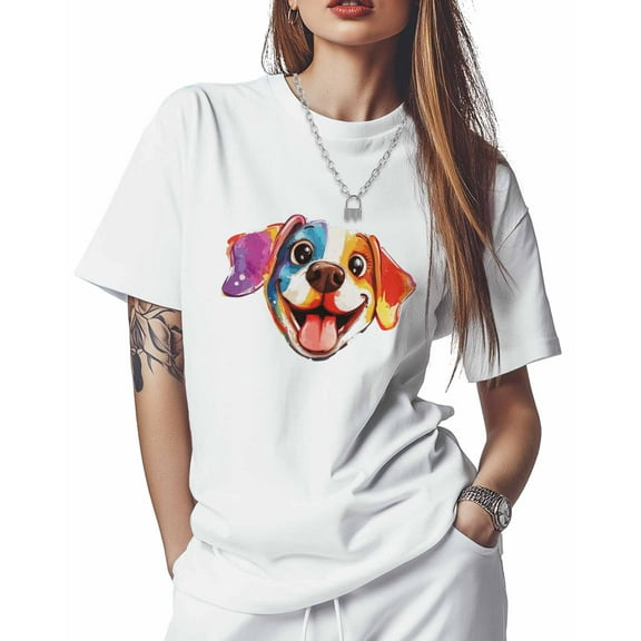 T Shirts for Women Short Sleeve Cotton Crewneck T-Shirt, Cartoon Colorful Dog Tee Tops Casual Basic T-Shirts, XS-5XL White 5XL