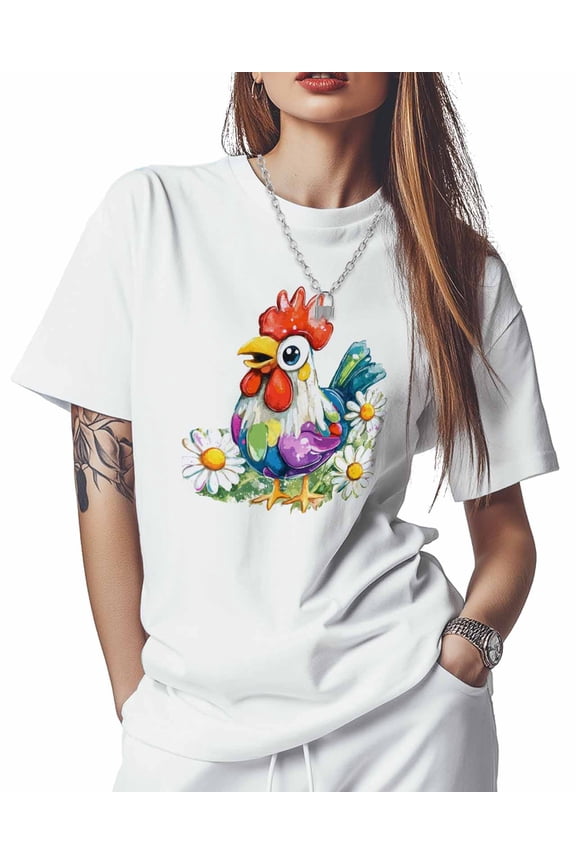 T Shirts for Women Short Sleeve Cotton Crewneck T-Shirt, Cartoon Colorful Rooster Daisy Tee Tops Casual Basic T-Shirts, XS-5XL White XXL