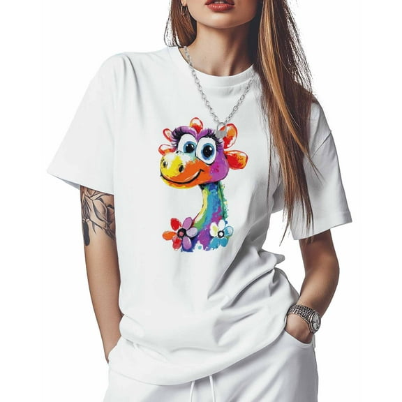 T Shirts for Women Short Sleeve Cotton Crewneck T-Shirt, Cartoon Crayons Dinosaur Flowers Tee Tops Casual Basic T-Shirts, XS-5XL White XS
