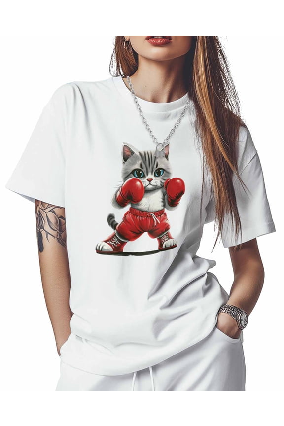 T Shirts for Women Short Sleeve Cotton Crewneck T-Shirt, Cartoon Funny Animal Boxing Cat Tee Tops Casual Basic T-Shirts, XS-5XL White XS