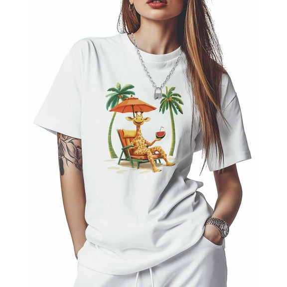T Shirts for Women Short Sleeve Cotton Crewneck T-Shirt, Cartoon Giraffe Watermelon Vacation Tee Tops Casual Basic T-Shirts, XS-5XL White L