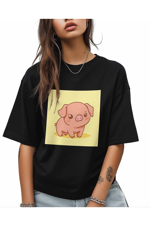 T Shirts for Women Short Sleeve Cotton Crewneck T-Shirt, Cartoon Pig Animal Tee Tops Casual Basic T-Shirts, XS-5XL Black 5XL