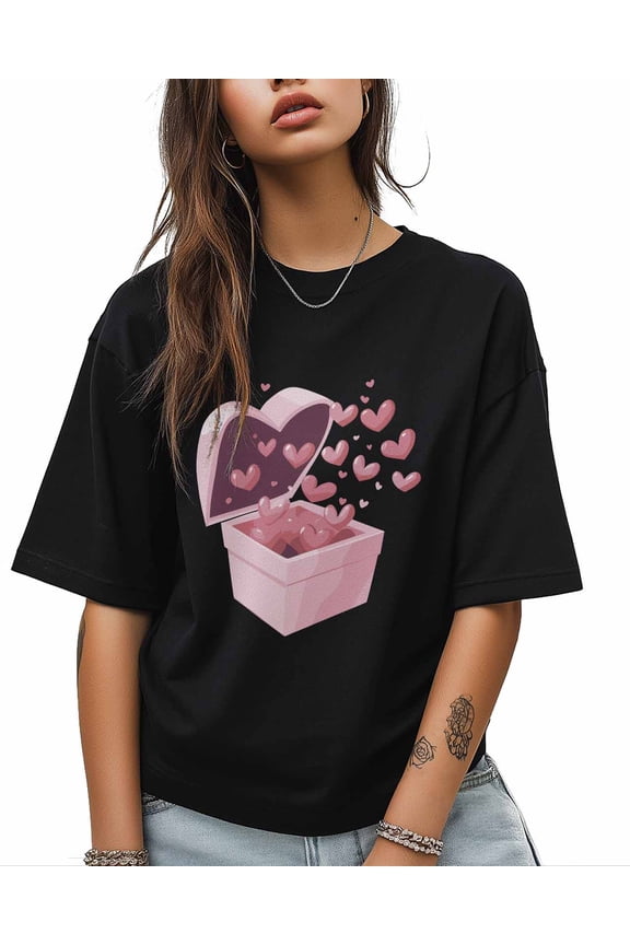 T Shirts for Women Short Sleeve Cotton Crewneck T-Shirt, Cartoon Pink Heart Box Tee Tops Casual Basic T-Shirts, XS-5XL Black L