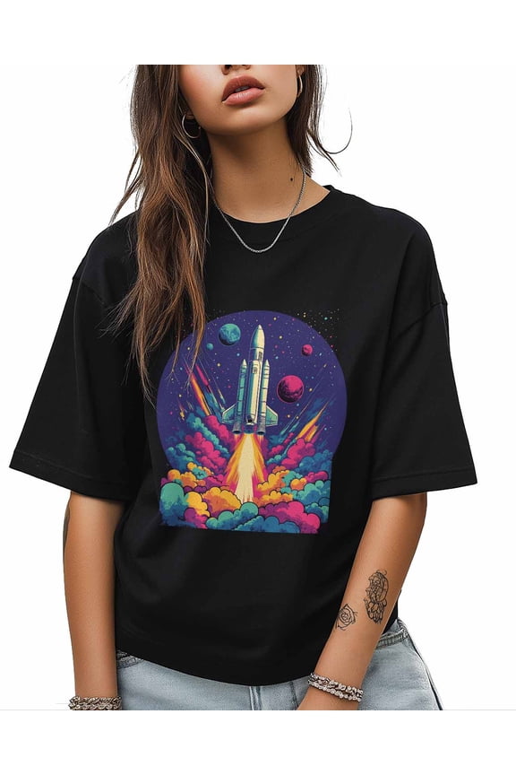 T Shirts for Women Short Sleeve Cotton Crewneck T-Shirt, Cartoon Rocket Universe Clouds Tee Tops Casual Basic T-Shirts, XS-5XL Black XXL