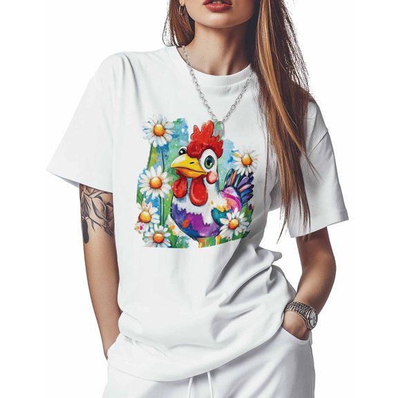 T Shirts for Women Short Sleeve Cotton Crewneck T-Shirt, Cartoon Rooster Daisy Colorful Tee Tops Casual Basic T-Shirts, XS-5XL White 5XL