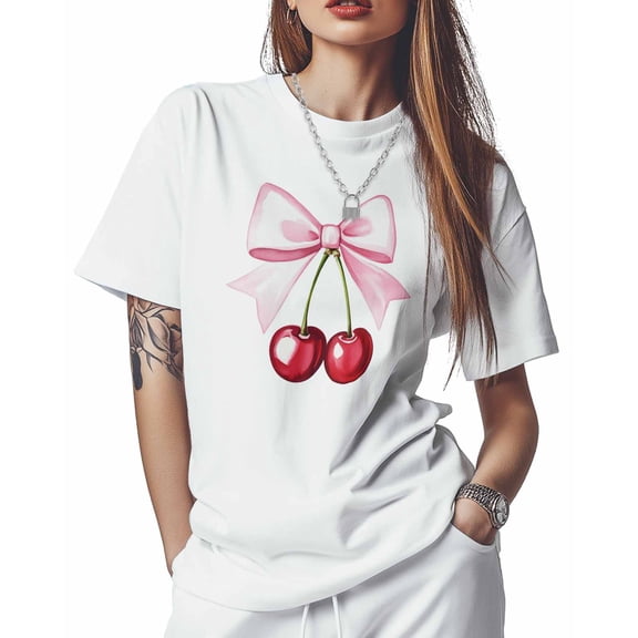 T Shirts for Women Short Sleeve Cotton Crewneck T-Shirt, Cherry with Pink Bow Tee Tops Casual Basic T-Shirts, XS-5XL White 4XL
