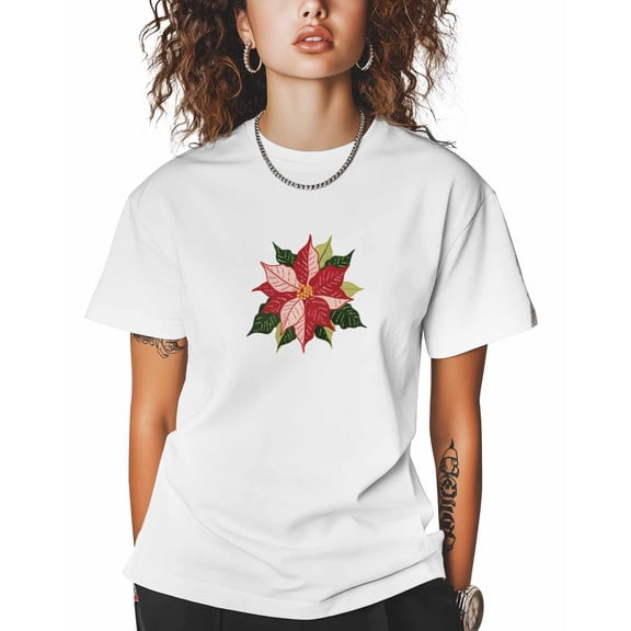 T Shirts for Women Short Sleeve Cotton Crewneck T-Shirt, Christmas Poinsettia Flowers Embroidery Tee Tops Casual Basic T-Shirts, XS-5XL White S