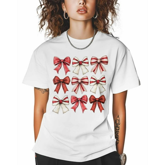 T Shirts for Women Short Sleeve Cotton Crewneck T-Shirt, Christmas Red Bow Ties Black Tee Tops Casual Basic T-Shirts, XS-5XL White XS