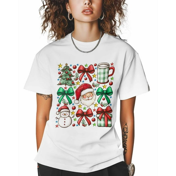T Shirts for Women Short Sleeve Cotton Crewneck T-Shirt, Christmas Santa Claus Bow Tie Stars Tee Tops Casual Basic T-Shirts, XS-5XL White L