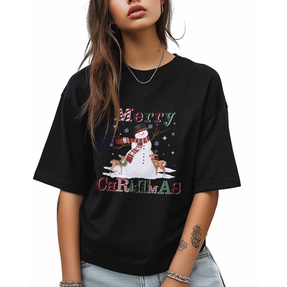 T Shirts for Women Short Sleeve Cotton Crewneck T-Shirt, Christmas Snowman Deer Snowflake Tee Tops Casual Basic T-Shirts, XS-5XL Black 5XL
