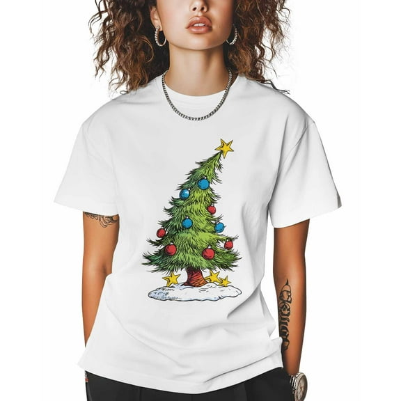 T Shirts for Women Short Sleeve Cotton Crewneck T-Shirt, Christmas Stars Colorful Lanterns Xmas Tree Tee Tops Casual Basic T-Shirts, XS-5XL White S