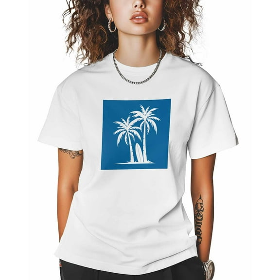 T Shirts for Women Short Sleeve Cotton Crewneck T-Shirt, Coconut Tree Surfboard Blue Silhouette Tee Tops Casual Basic T-Shirts, XS-5XL White S