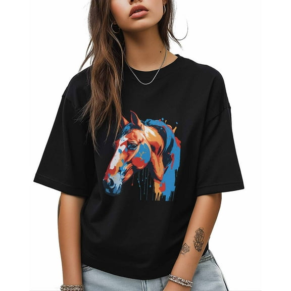 T Shirts for Women Short Sleeve Cotton Crewneck T-Shirt, Color Animal Horse Paint Tee Tops Casual Basic T-Shirts, XS-5XL Black XS