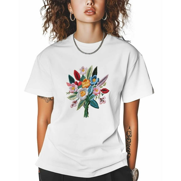 T Shirts for Women Short Sleeve Cotton Crewneck T-Shirt, Colorful Flowers Embroidered Tee Tops Casual Basic T-Shirts, XS-5XL White M