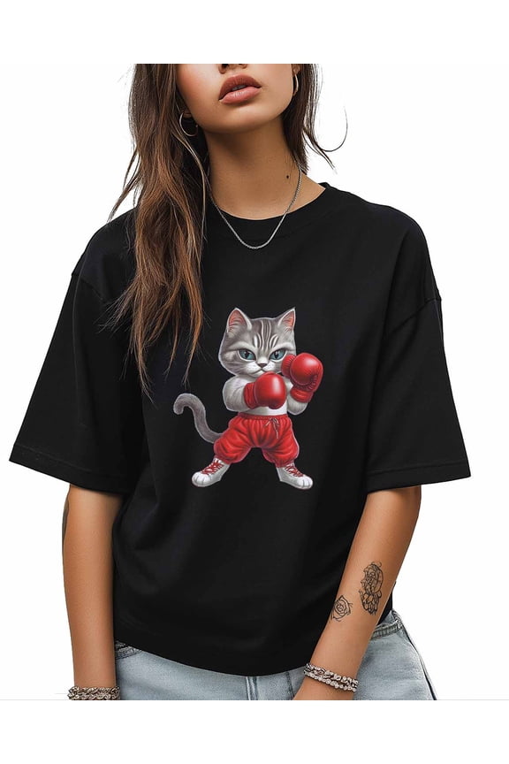 T Shirts for Women Short Sleeve Cotton Crewneck T-Shirt, Cool Boxing Cat Tee Tops Casual Basic T-Shirts, XS-5XL Black 4XL