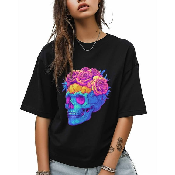 T Shirts for Women Short Sleeve Cotton Crewneck T-Shirt, Cool Bright Color Skull Rose Tee Tops Casual Basic T-Shirts, XS-5XL Black XL