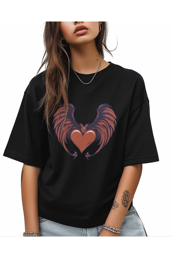 T Shirts for Women Short Sleeve Cotton Crewneck T-Shirt, Cool Brown Devil Wings Heart Tee Tops Casual Basic T-Shirts, XS-5XL Black S