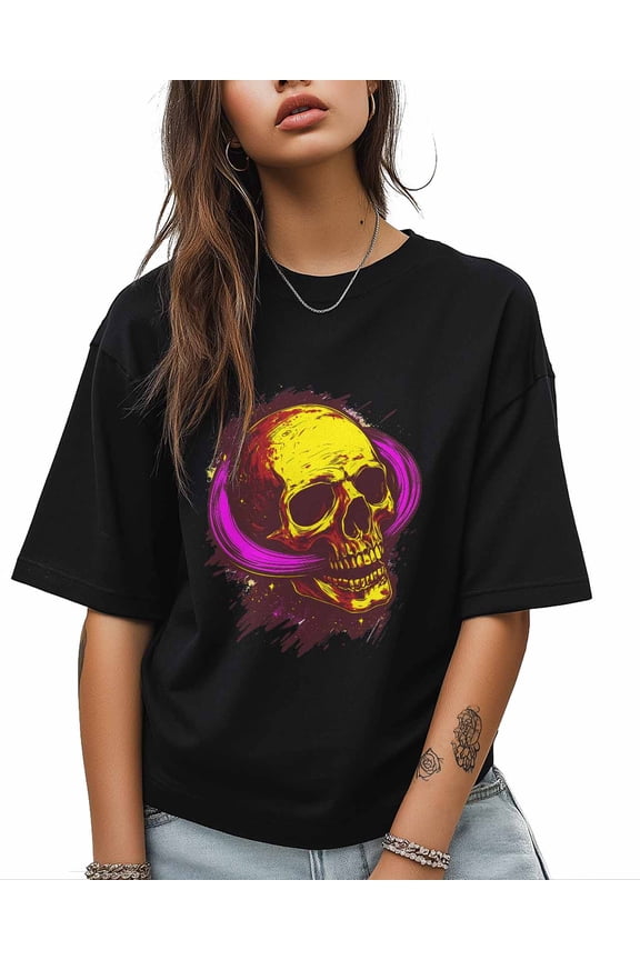 T Shirts for Women Short Sleeve Cotton Crewneck T-Shirt, Cool Gold Skeleton Universe Tee Tops Casual Basic T-Shirts, XS-5XL Black XXL