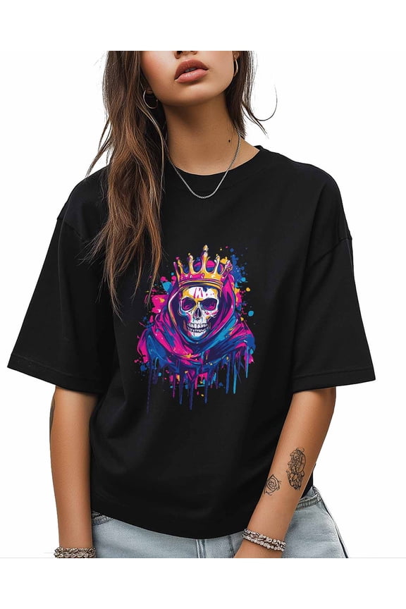 T Shirts for Women Short Sleeve Cotton Crewneck T-Shirt, Cool Skull Crown Paint Tee Tops Casual Basic T-Shirts, XS-5XL Black S