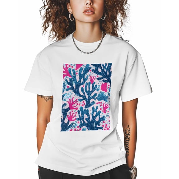 T Shirts for Women Short Sleeve Cotton Crewneck T-Shirt, Coral Flower Abstract Tee Tops Casual Basic T-Shirts, XS-5XL White 3XL