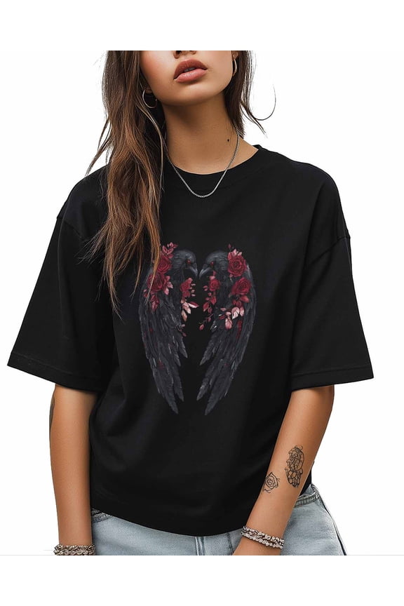 T Shirts for Women Short Sleeve Cotton Crewneck T-Shirt, Crow Rose Bird Cartoon Tee Tops Casual Basic T-Shirts, XS-5XL Black M