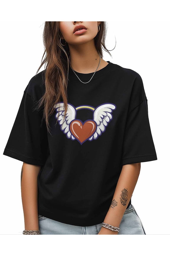 T Shirts for Women Short Sleeve Cotton Crewneck T-Shirt, Cute Angel Wings Heart Tee Tops Casual Basic T-Shirts, XS-5XL Black 5XL