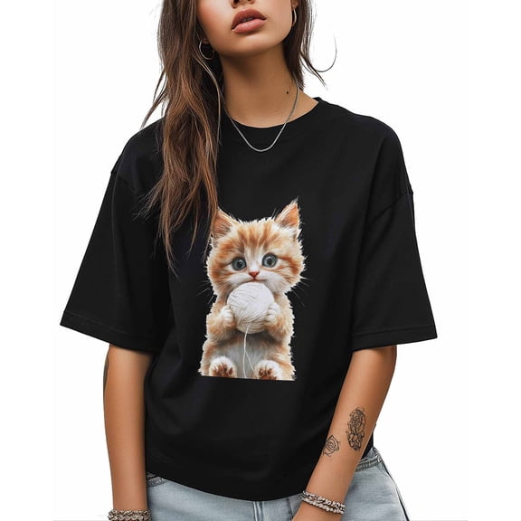 T Shirts for Women Short Sleeve Cotton Crewneck T-Shirt, Cute Cat with Yarn Ball Tee Tops Casual Basic T-Shirts, XS-5XL Black 3XL