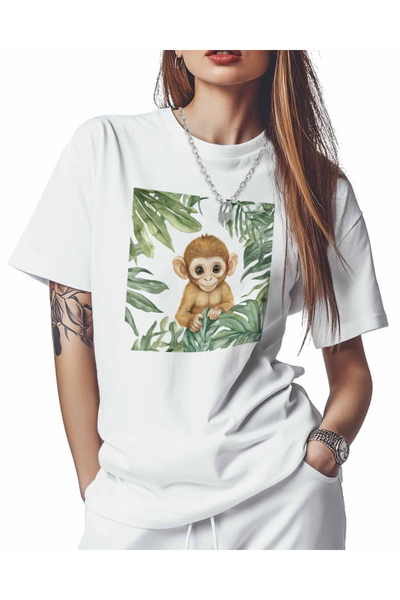 T Shirts for Women Short Sleeve Cotton Crewneck T-Shirt, Cute Monkey Watercolor Leaf Animal Tee Tops Casual Basic T-Shirts, XS-5XL White XS
