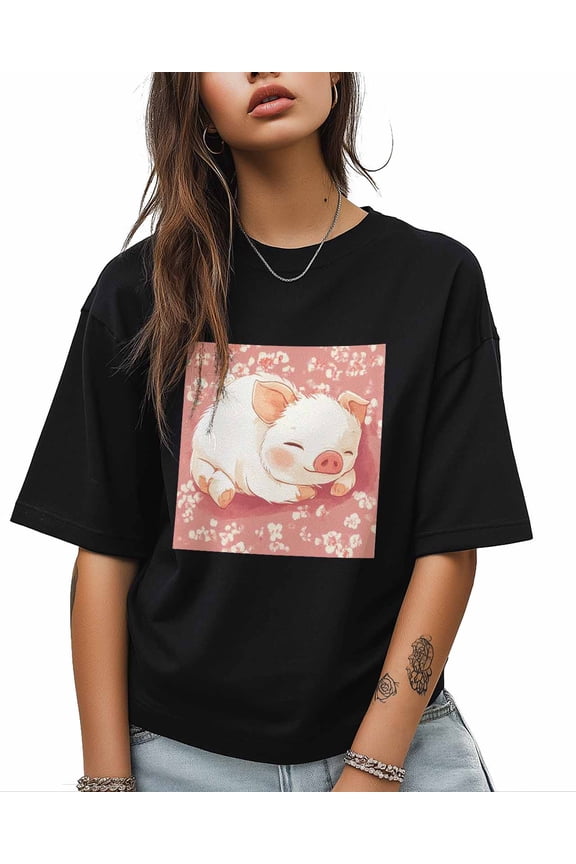 T Shirts for Women Short Sleeve Cotton Crewneck T-Shirt, Cute Pig Animal Flower Tee Tops Casual Basic T-Shirts, XS-5XL Black XS
