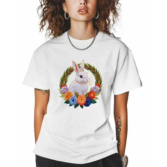 T Shirts for Women Short Sleeve Cotton Crewneck T-Shirt, Cute Rabbit Wreath Embroidery Tee Tops Casual Basic T-Shirts, XS-5XL White 4XL