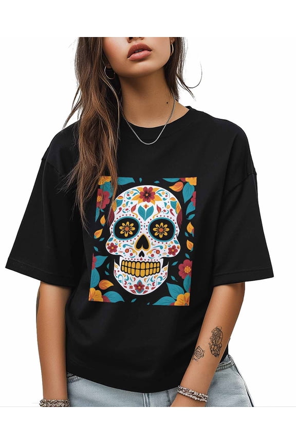 T Shirts for Women Short Sleeve Cotton Crewneck T-Shirt, Día De Muertos Flowers Skull Tee Tops Casual Basic T-Shirts, XS-5XL Black XL