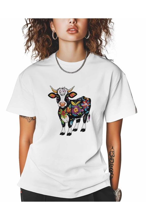T Shirts for Women Short Sleeve Cotton Crewneck T-Shirt, Dairy Cow Animal Floral Line Style Tee Tops Casual Basic T-Shirts, XS-5XL White S