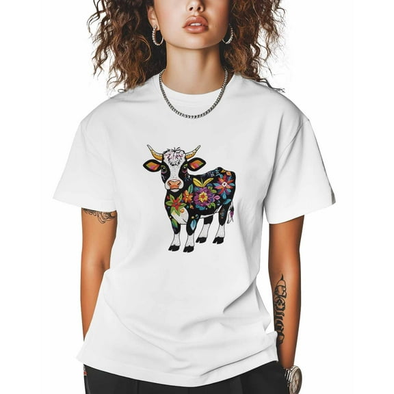 T Shirts for Women Short Sleeve Cotton Crewneck T-Shirt, Dairy Cow Animal Floral Line Style Tee Tops Casual Basic T-Shirts, XS-5XL White XL