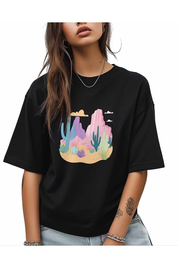 T Shirts for Women Short Sleeve Cotton Crewneck T-Shirt, Desert Mountain Cactus Cartoon Tee Tops Casual Basic T-Shirts, XS-5XL Black 5XL