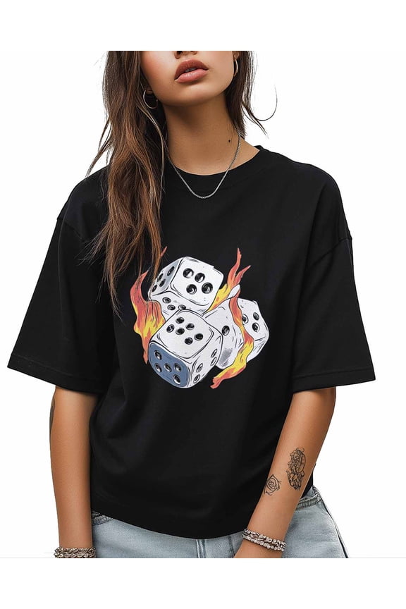 T Shirts for Women Short Sleeve Cotton Crewneck T-Shirt, Dice Pattern Burning Fire Tee Tops Casual Basic T-Shirts, XS-5XL Black S