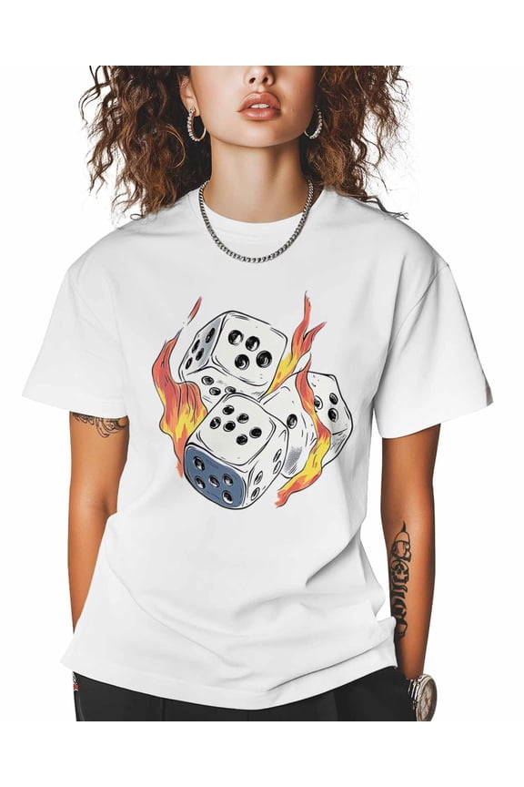 T Shirts for Women Short Sleeve Cotton Crewneck T-Shirt, Dice Pattern Burning Fire Tee Tops Casual Basic T-Shirts, XS-5XL White M