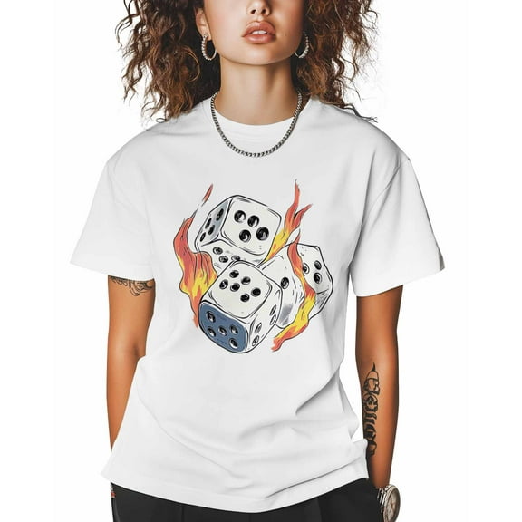 T Shirts for Women Short Sleeve Cotton Crewneck T-Shirt, Dice Pattern Burning Fire Tee Tops Casual Basic T-Shirts, XS-5XL White XL