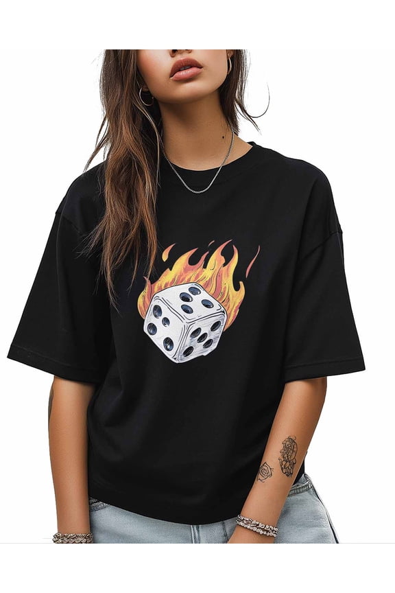 T Shirts for Women Short Sleeve Cotton Crewneck T-Shirt, Dice on Fire Tee Tops Casual Basic T-Shirts, XS-5XL Black 5XL