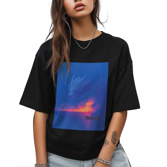 T Shirts for Women Short Sleeve Cotton Crewneck T-Shirt, Dragon Lake Boat Tee Tops Casual Basic T-Shirts, XS-5XL Black 5XL