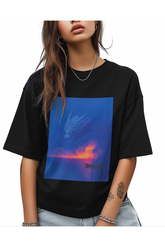 T Shirts for Women Short Sleeve Cotton Crewneck T-Shirt, Dragon Lake Boat Tee Tops Casual Basic T-Shirts, XS-5XL Black XXL