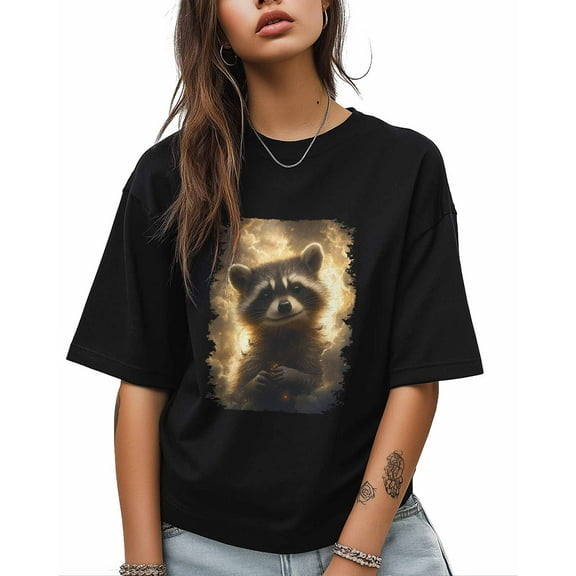 T Shirts for Women Short Sleeve Cotton Crewneck T-Shirt, Dreamlike Sky Clouds Raccoon Tee Tops Casual Basic T-Shirts, XS-5XL Black S