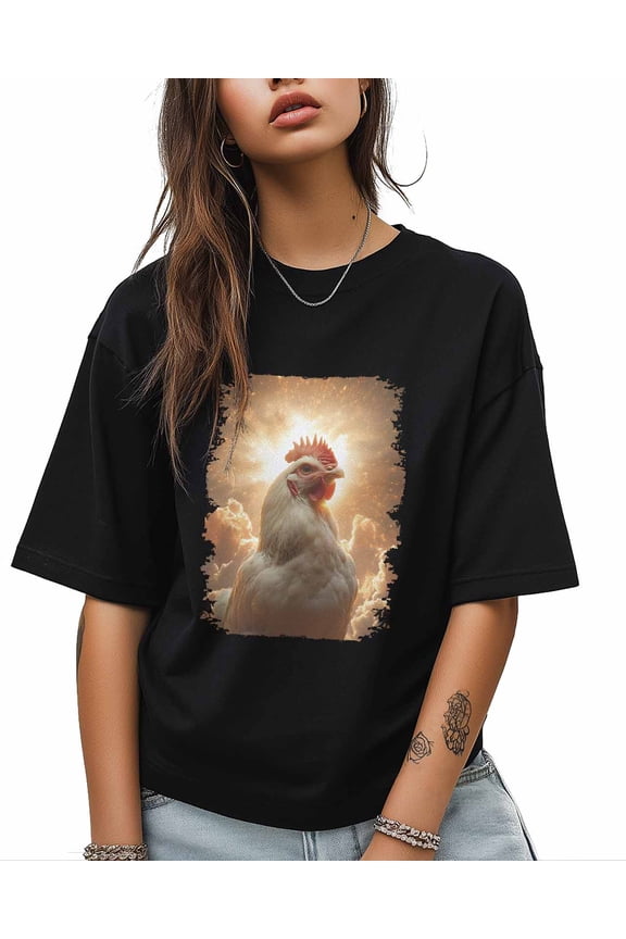 T Shirts for Women Short Sleeve Cotton Crewneck T-Shirt, Dreamlike Sky Clouds Rooster Tee Tops Casual Basic T-Shirts, XS-5XL Black 4XL