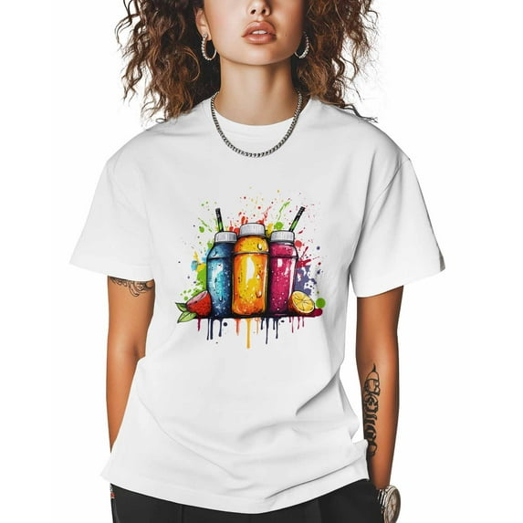 T Shirts for Women Short Sleeve Cotton Crewneck T-Shirt, Drink Fruit Straw Lemon Graffiti Cartoon Tee Tops Casual Basic T-Shirts, XS-5XL White XXL