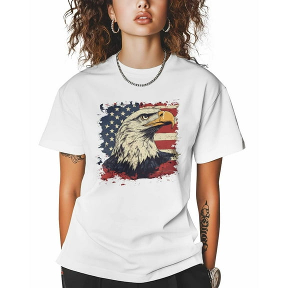 T Shirts for Women Short Sleeve Cotton Crewneck T-Shirt, Eagle Vintage USA Flag Pattern Tee Tops Casual Basic T-Shirts, XS-5XL White L