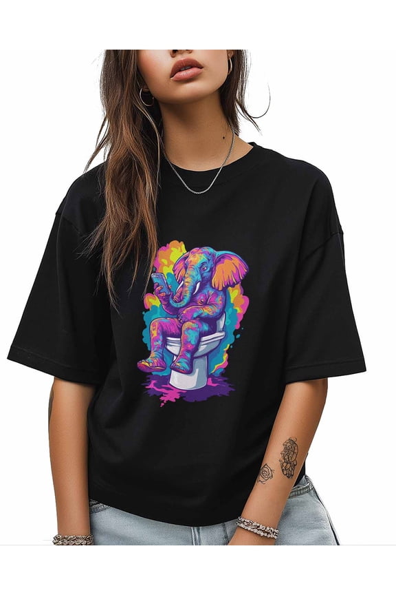 T Shirts for Women Short Sleeve Cotton Crewneck T-Shirt, Elephant Playing Phone Toilet Funny Tee Tops Casual Basic T-Shirts, XS-5XL Black XS