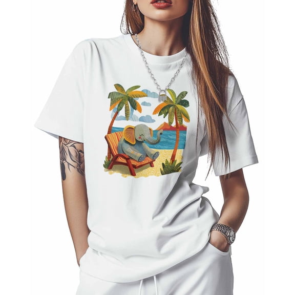 T Shirts for Women Short Sleeve Cotton Crewneck T-Shirt, Elephant Vacation Beach Coconut Trees Tee Tops Casual Basic T-Shirts, XS-5XL White 5XL
